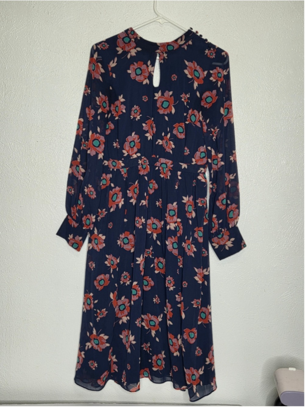 ModCloth Vintage Style Navy Floral Chiffon Long- Sleeve Midi Dress Size Medium - Picture 2 of 14